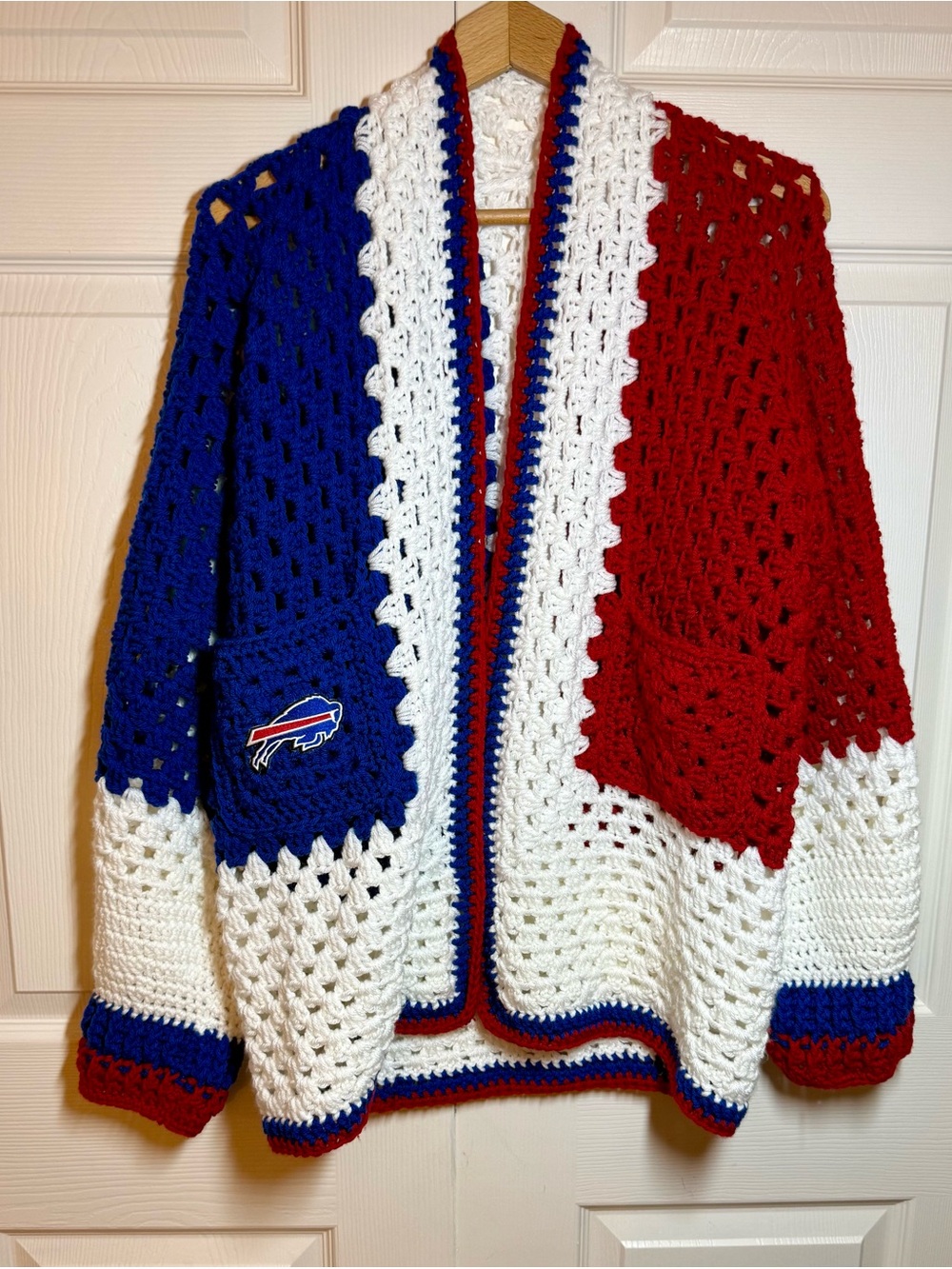 Team Inspired Buffalo Crochet Open-Front Cardigan Sweater in Red, White & Blue